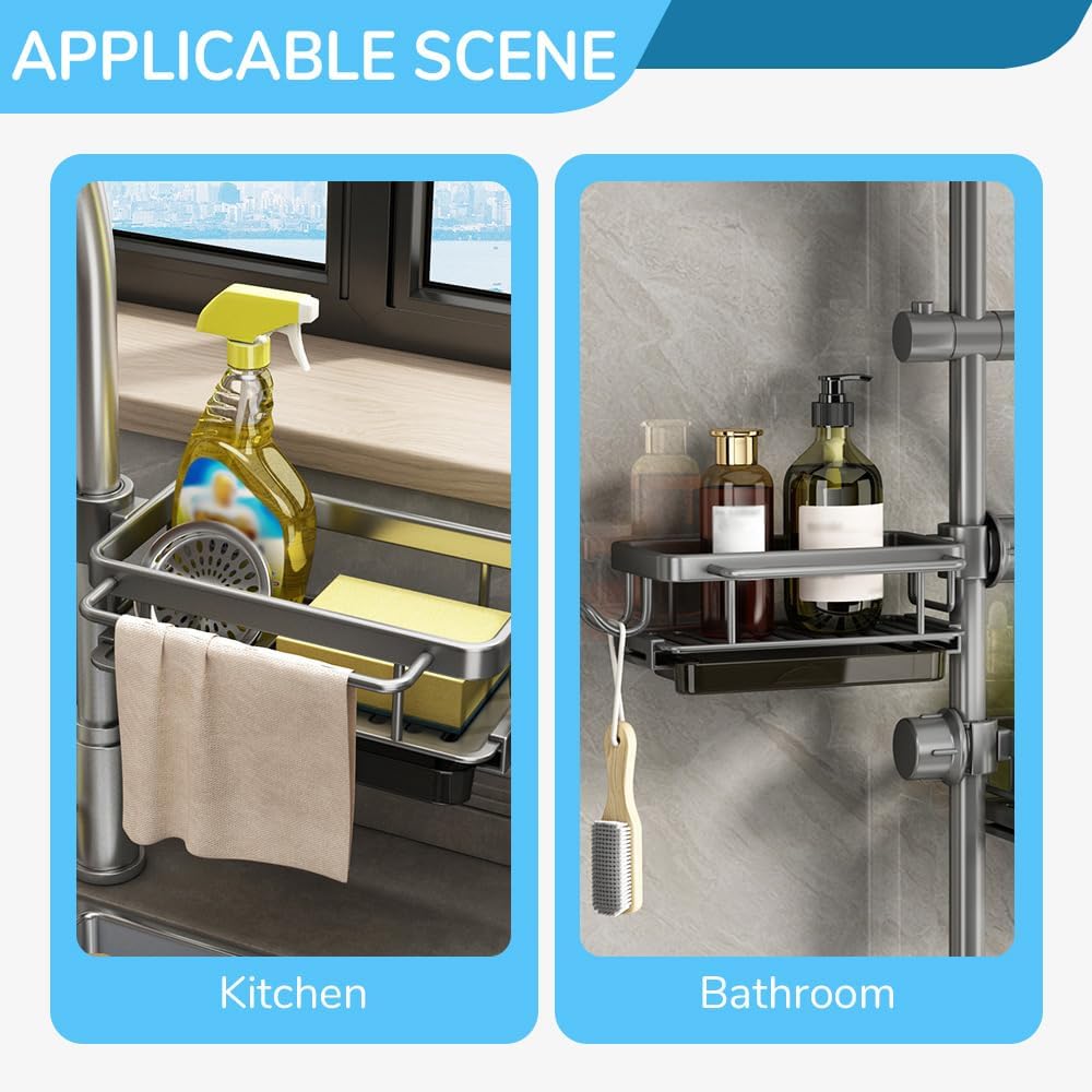 Sink Organizer Rack for Kitchen and Bathroom, 2024 New Kitchen Sink Faucet Organizer with Drip Tray Faucet Sponge Holder (Grey, Left+Right)