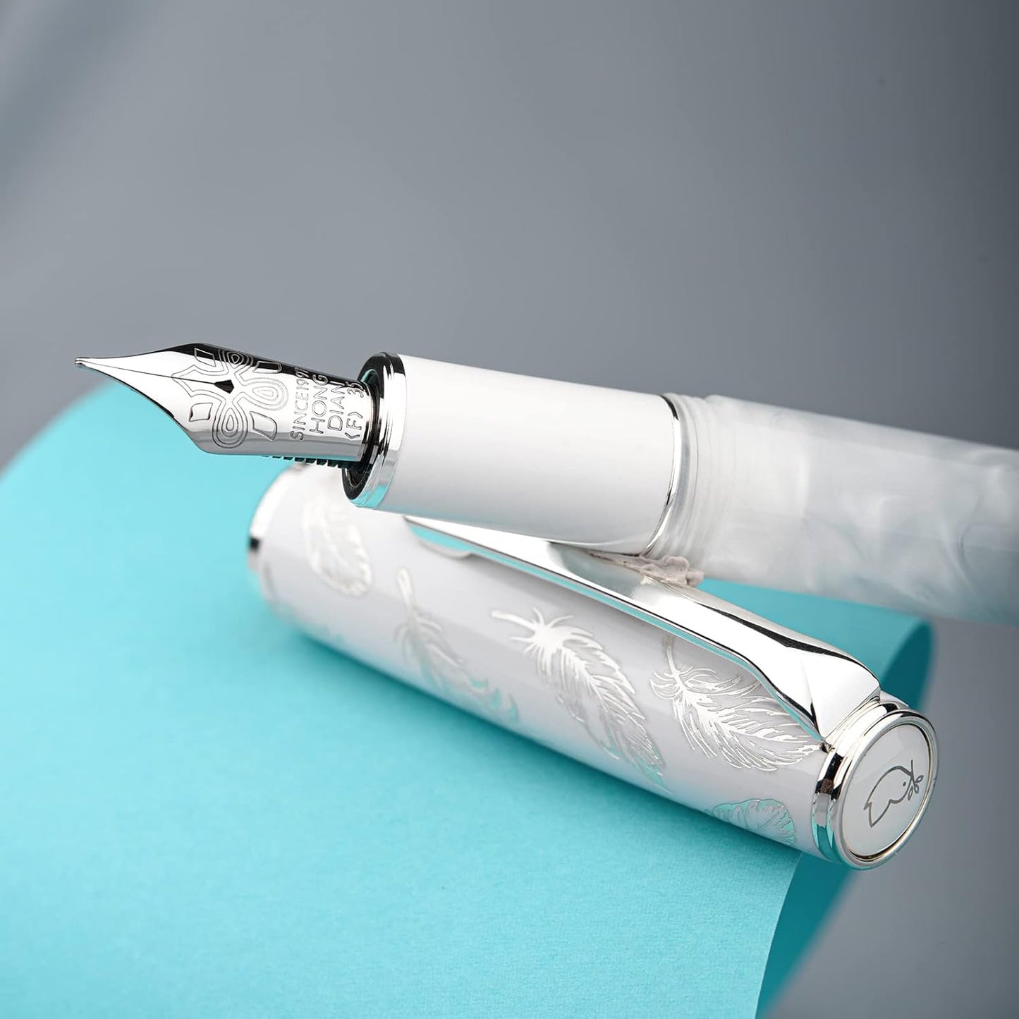 Hongdian N8 White Acrylic Resin Fountain Pen, Iridium Medium Nib Silver Plated Feather Carving Cap Smooth Writing Pen with Converter and Metal Pen Box Set
