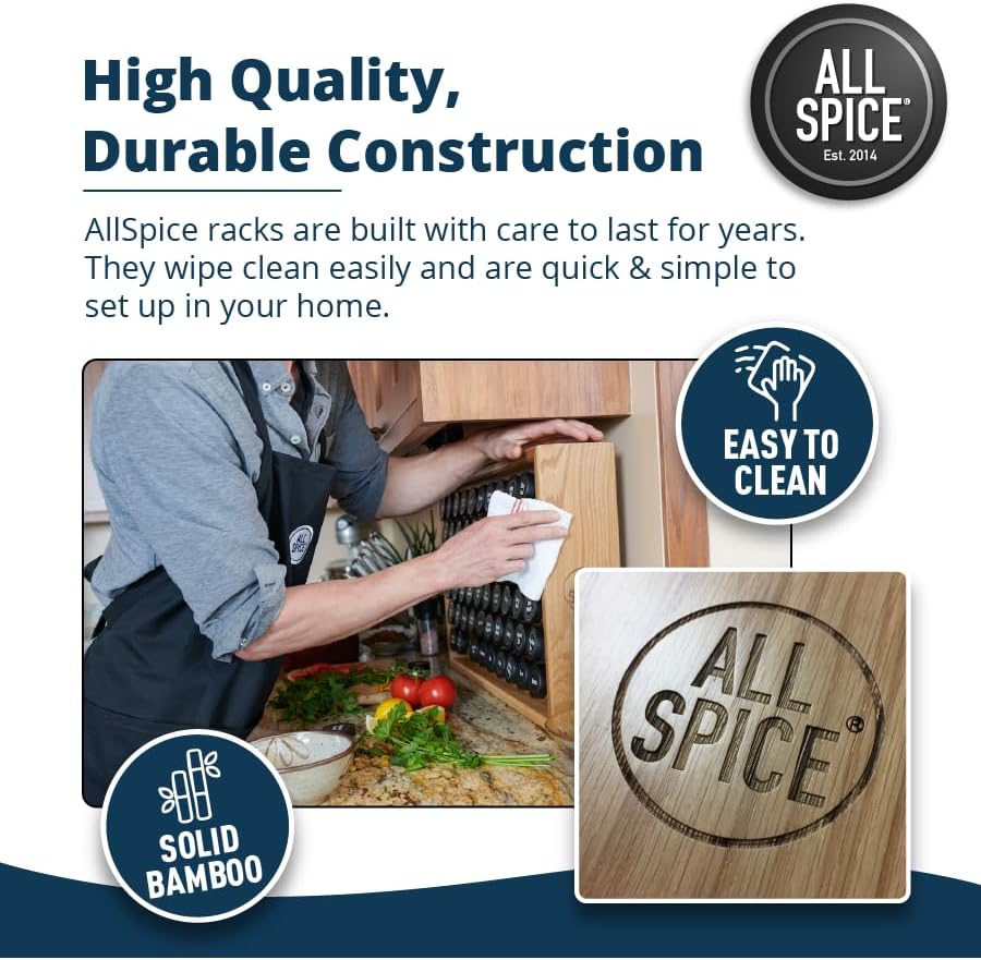 AllSpice Spice Rack Organizer, Wood, 525 Unique Labels, Countertop or Wall Mount, Includes 60 4oz Jars- Walnut Stain