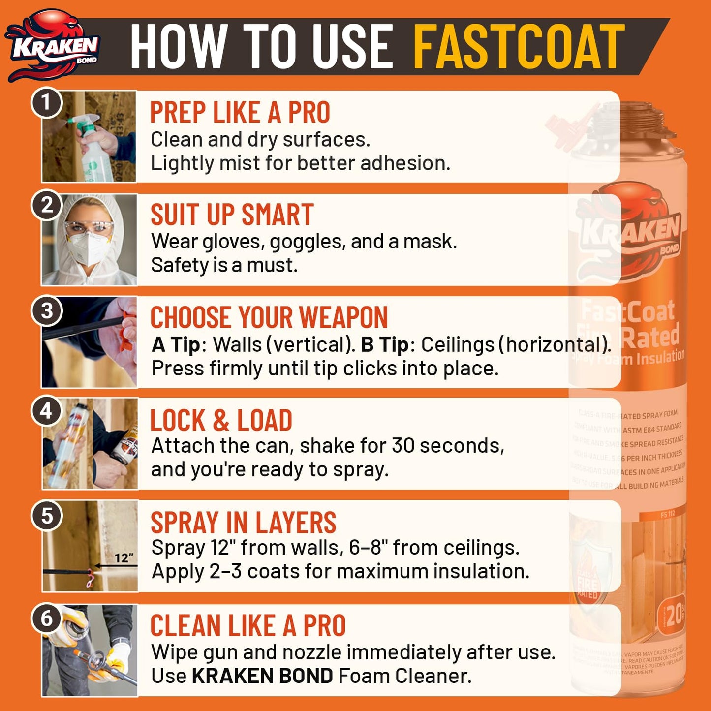 Kraken Bond Fastcoat Fire Rated Spray Foam Insulation Kit Closed Cell in a Can 20 sq ft (1x27.1 oz.) (R-Value 11.32 / 2in) - Spray Foam for Garage Door, Attic, Wall Gun & Cleaner Included, 1 Pack