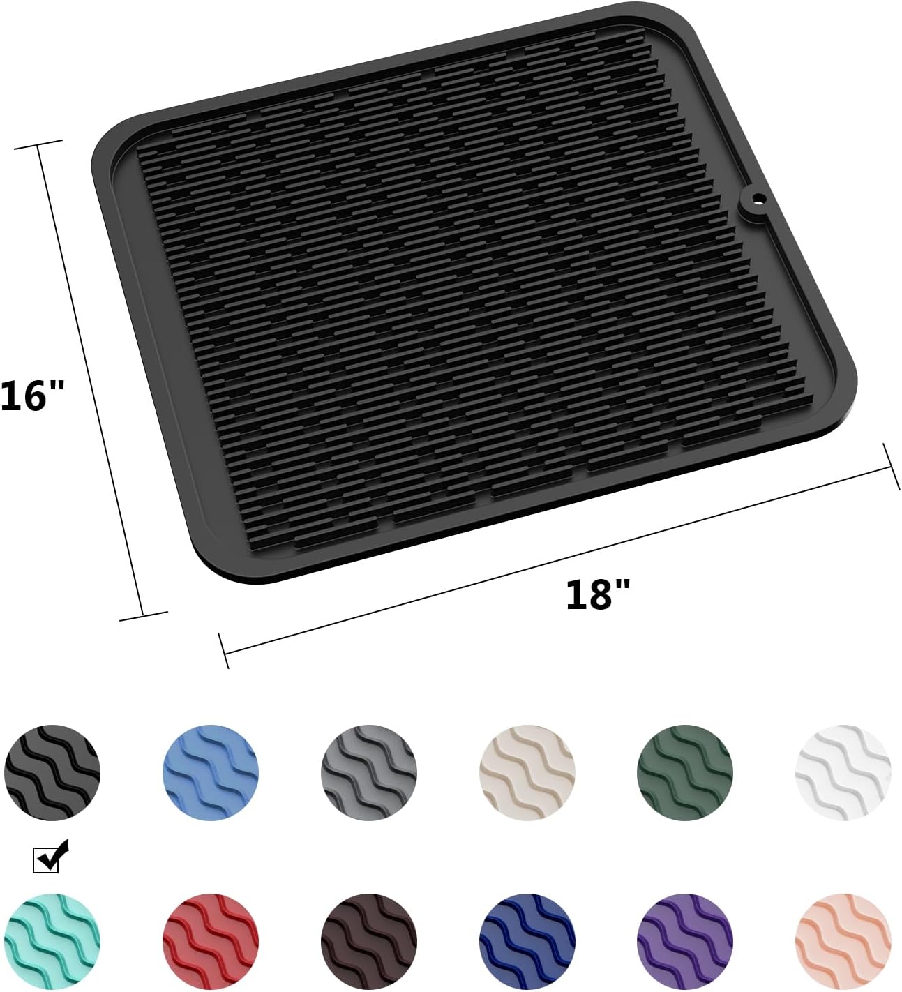 ZLR Silicone Dish Drying Mat for Kitchen Counter, Eco-Friendly Fast Dry Dish Mat, Easy Clean Multi Usage Drying Matt, Heat Resistant Trivet, 16" x 18" XL, Black