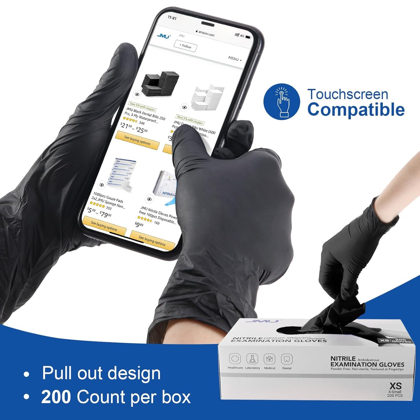 JMU Black Nitrile Gloves Medium Bulk, Case of 1200, 3.5Mil, Latex Free Powder Free