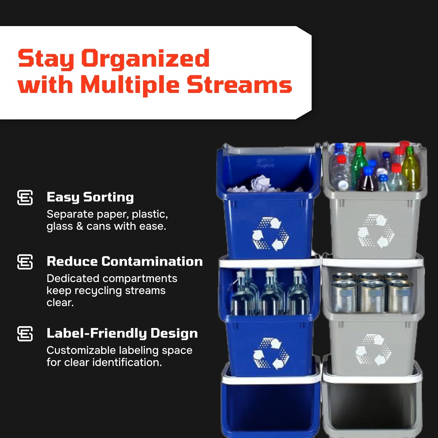 Multi Recycling Bin System with Three Stacking 6 Gallon Bins with Carrying Handles, Stackable and Compact for Offices, Homes, Garages, Businesses - (Yellow, 3 Pack)