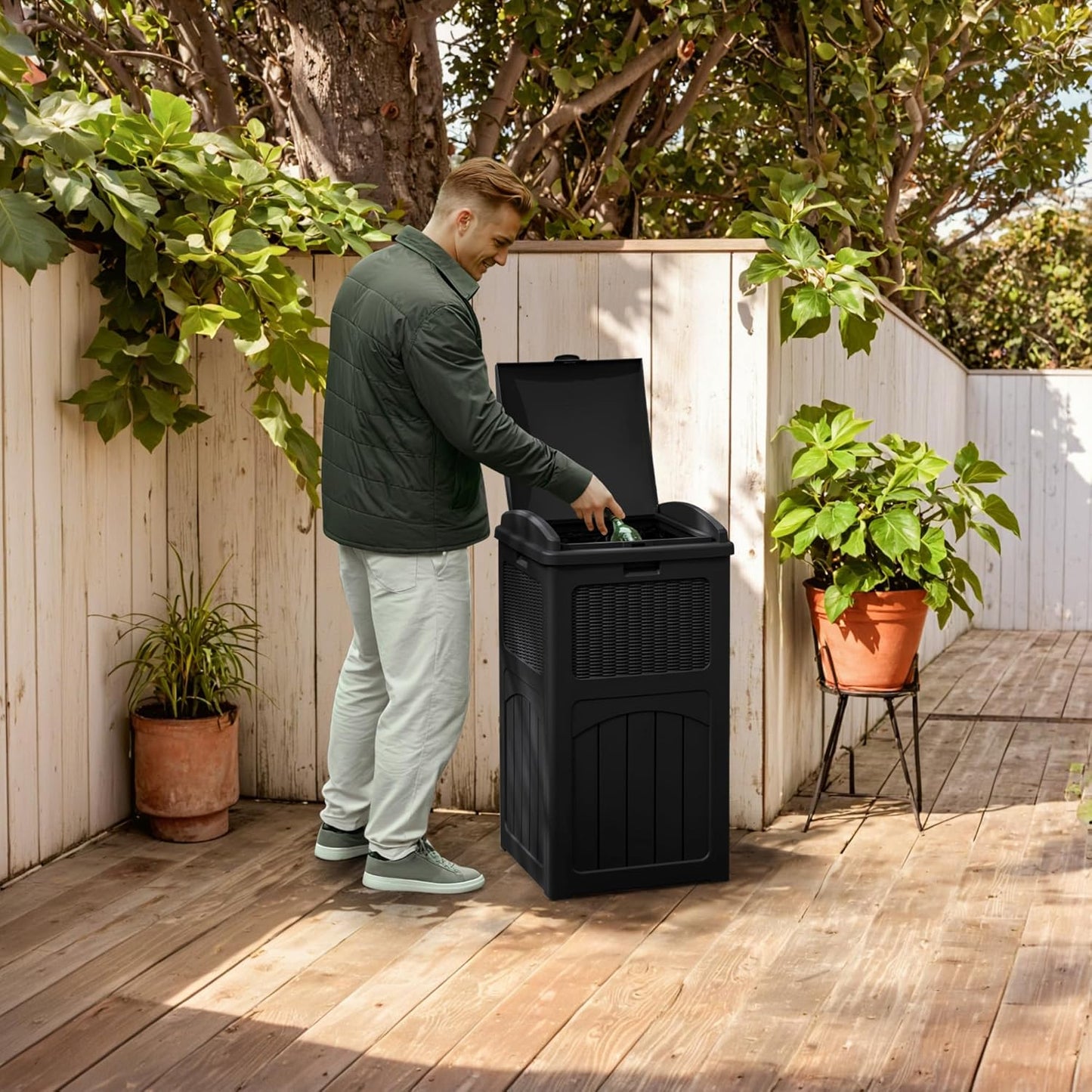 YESHOMY 4 Pack Outdoor Trash Can with Lid, Garbage Bins for Garden, Porch, Home and Kitchen, Black