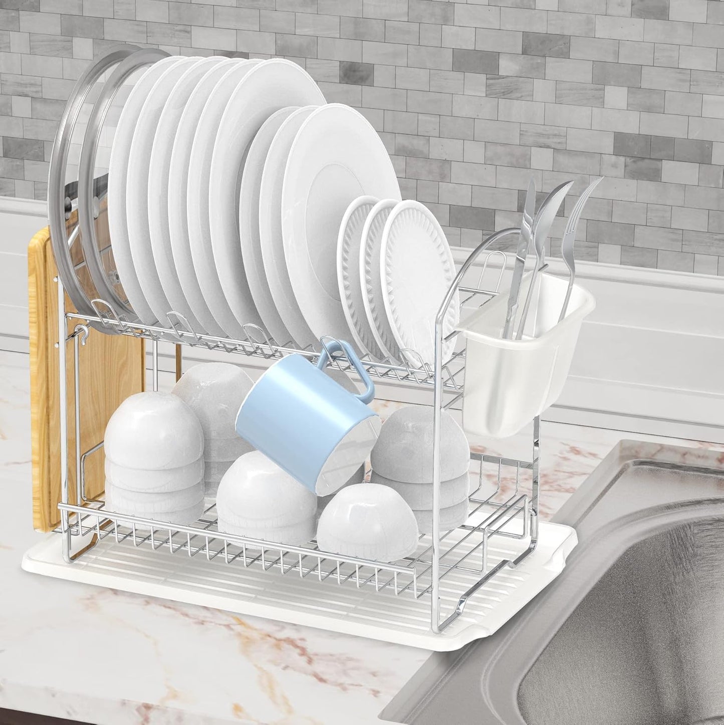 Simple Houseware 2-Tier Stainless Steel Dish Rack with Drainboard, Chrome for Kitchen