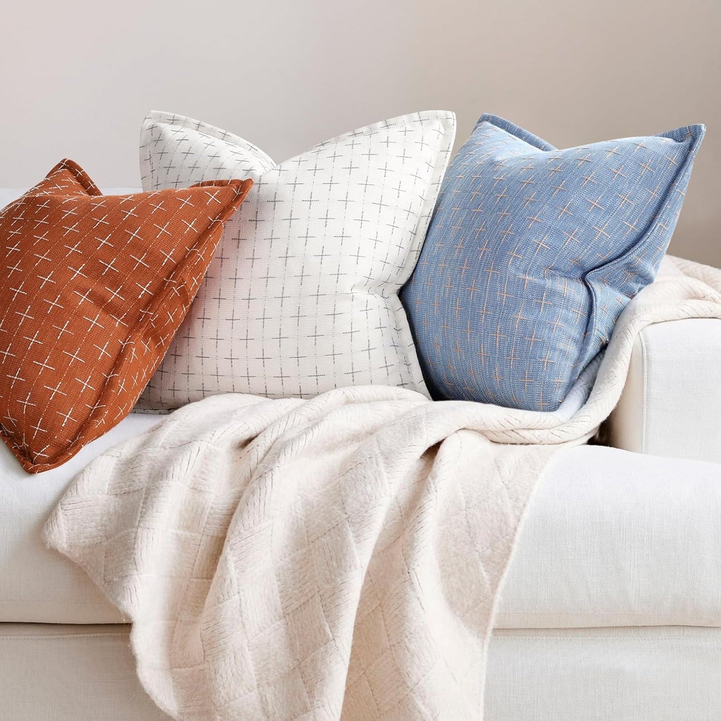 ZWJD Pillow Covers 24x24 Set of 2 Soft Polyester Textured Pillow Covers with Stylish Flange Edge Cozy Farmhouse Throw Pillows for Couch Bed Sofa Living Room