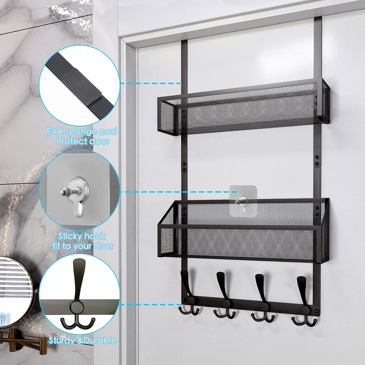 Over The Door Hooks Organizer, Coat Rack Over The Door Storage Hanger Towel Rack, Back of Door Storage Organizer for Bathroom,Bedroom,Kitchen,Office (Black 3-Tier)