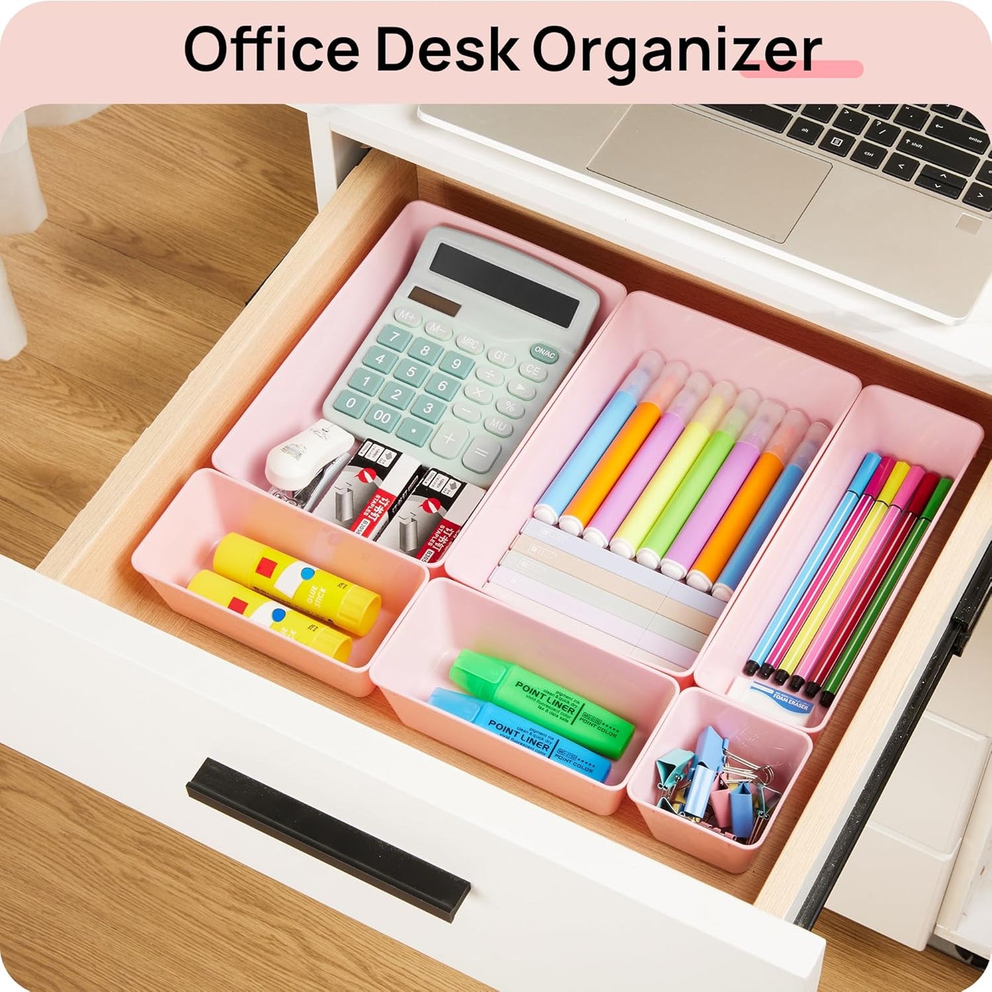 Vtopmart 44 PCS Plastic Drawer Organizers Set, 4-Size Versatile Bathroom and Vanity Organizer Trays, Non-Slip Storage Containers for Makeup, Jewelries, Bedroom,Kitchen Utensils and Office, Pink