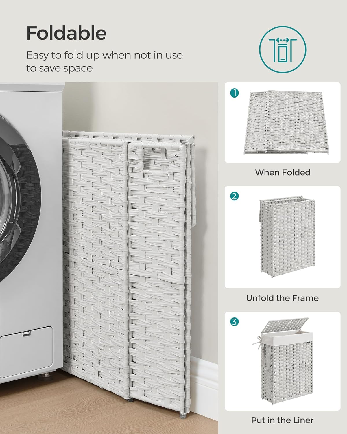 SONGMICS Slim Laundry Hamper with Lid, 14.5 Gallon (55L) Rattan Clothes Laundry Basket with Lid and Handles, Foldable, Removable Liner, Cloud White ULCB164W01