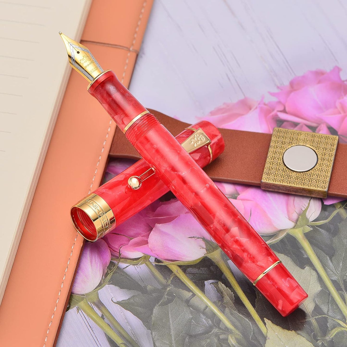 Jinhao 100 Fountain Pen Celluloid Classic Style, #6 Nib Smooth Writing Instrument with Refillable Converter and Pen Case Set