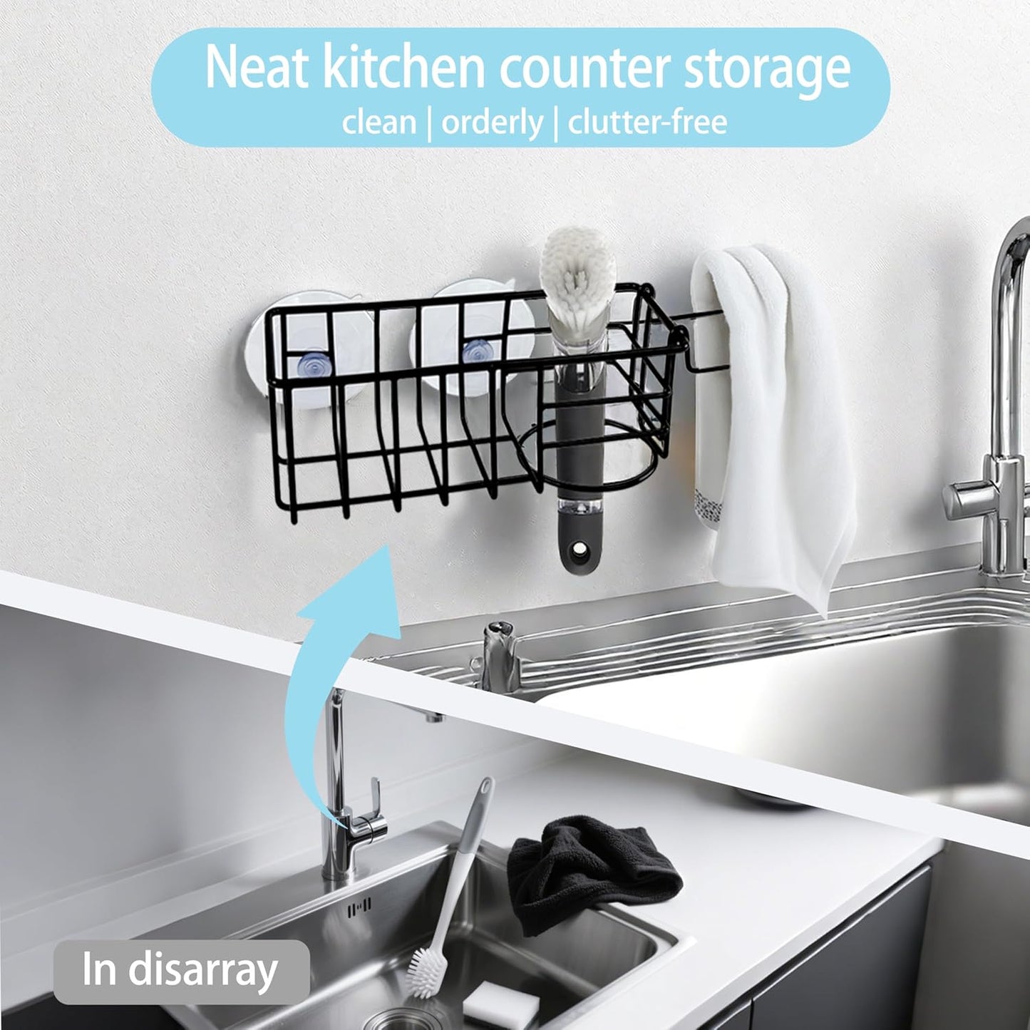 Sponge Holder with Dish Cloth Hanger for Kitchen Sink, in-Sink Caddy Organizer with Suction Cups & Adhesive Strips, Rustproof Sponge Rack for Soap, Brush, Scrubber - Black(2 Pack)