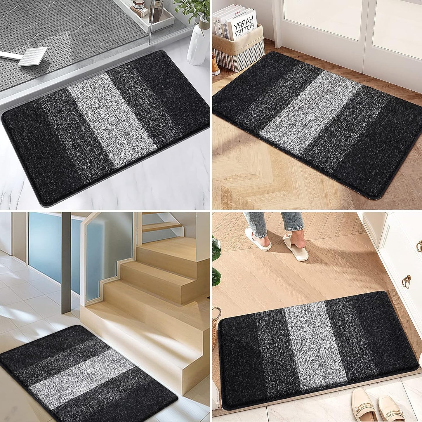 Kitinjoy Indoor Outdoor Door Mat, 30x17 Non-Slip Absorbent Dirt Trapper, Low-Profile Washable Inside Entrance Front Floor Mat, Sturdy Soft Entry Doormats for Entryway, Black