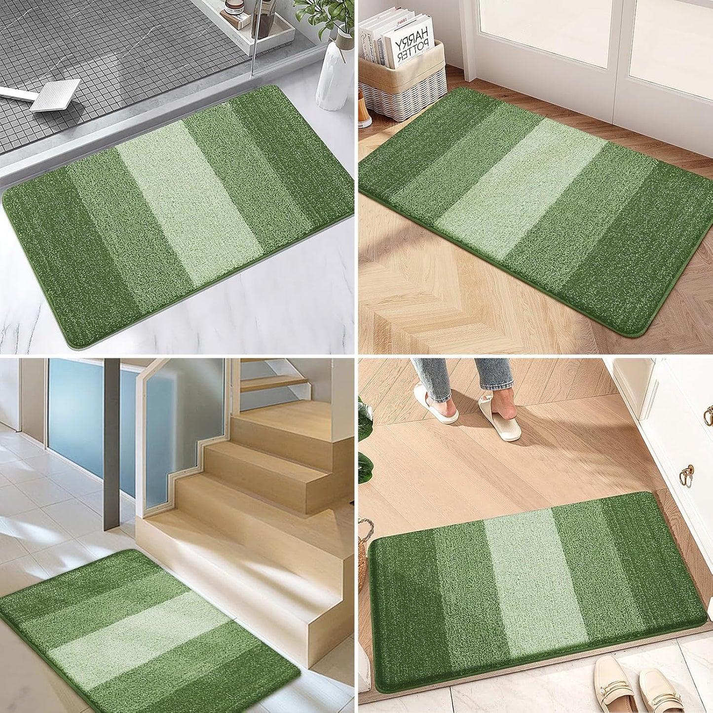 Kitinjoy Indoor Outdoor Door Mat, 59x36 Non-Slip Absorbent Dirt Trapper, Low-Profile Washable Inside Entrance Front Floor Mat, Sturdy Soft Entry Doormats for Entryway, Green