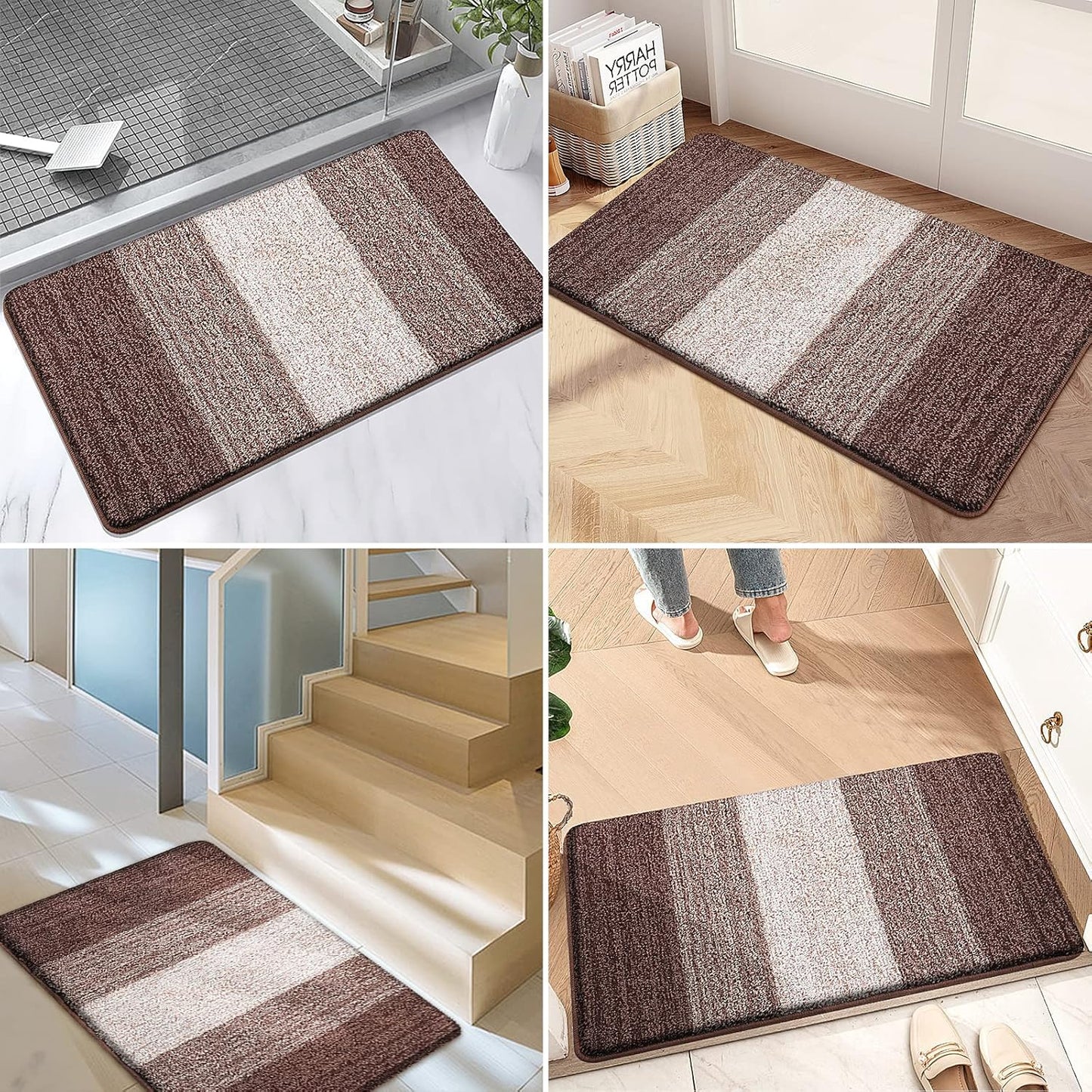 Kitinjoy Indoor Outdoor Door Mat, 32x20 Non-Slip Absorbent Dirt Trapper, Low-Profile Washable Inside Entrance Front Floor Mat, Sturdy Soft Entry Doormats for Entryway, Brown