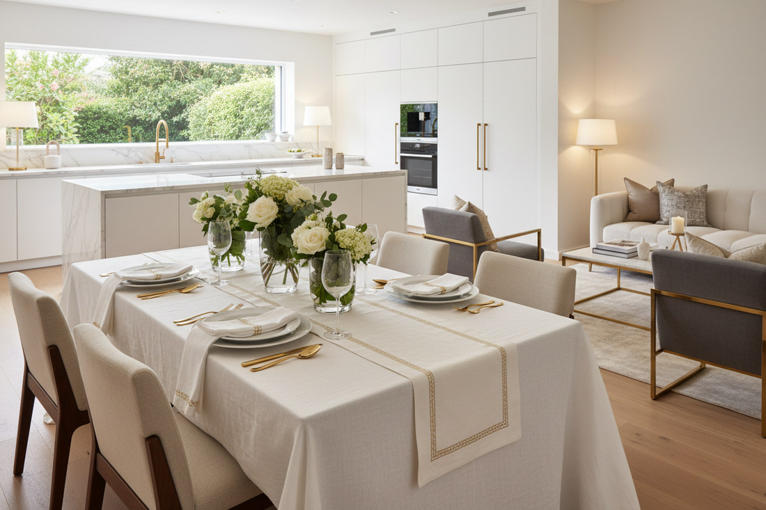 Elegant Entertaining Spaces Using Kitchen & Table Linens, Kitchen Fixtures, and Living Room Furniture