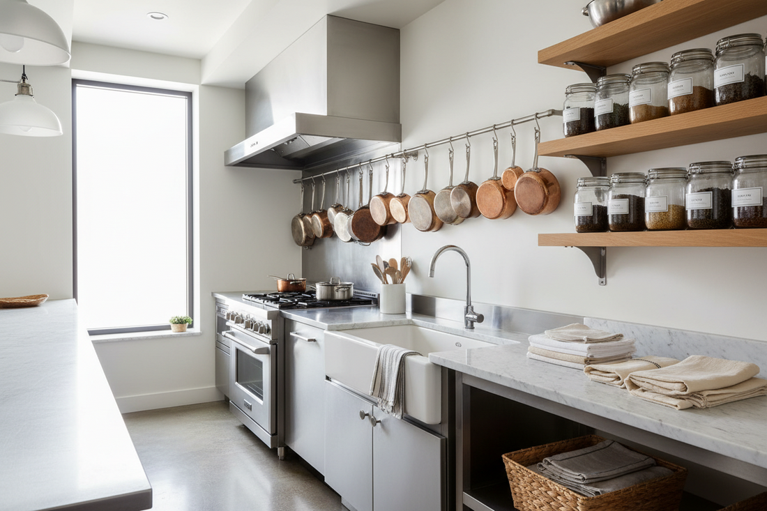 High-Efficiency Kitchen Workflow Systems Using Kitchen Fixtures, Racks, and Kitchen & Table Linens