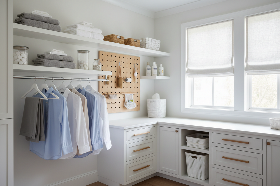 High-Efficiency Laundry Room Systems Using Storage & Organization, Racks, and Window Treatment Hardware