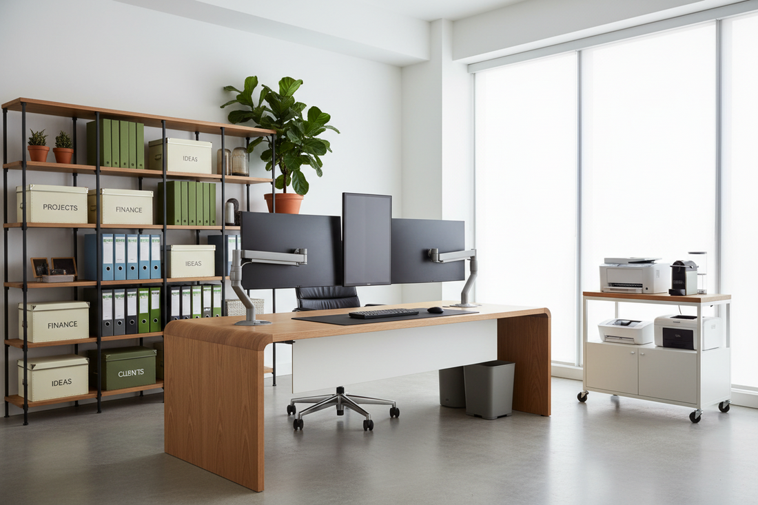 High-Performance Home Office Design Using Furniture, Labels, and Carts & Stands