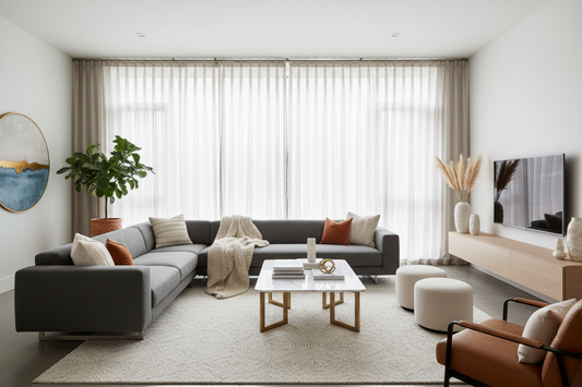 Modern Family Room Optimization Using Living Room Furniture, Window Treatment Hardware, and Furniture Accessories