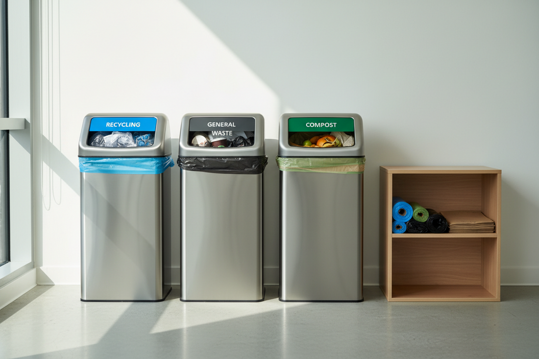 A Simple Waste Management System Using Trash, Waste Receptacles & Liners, and Paper & Plastic Supplies