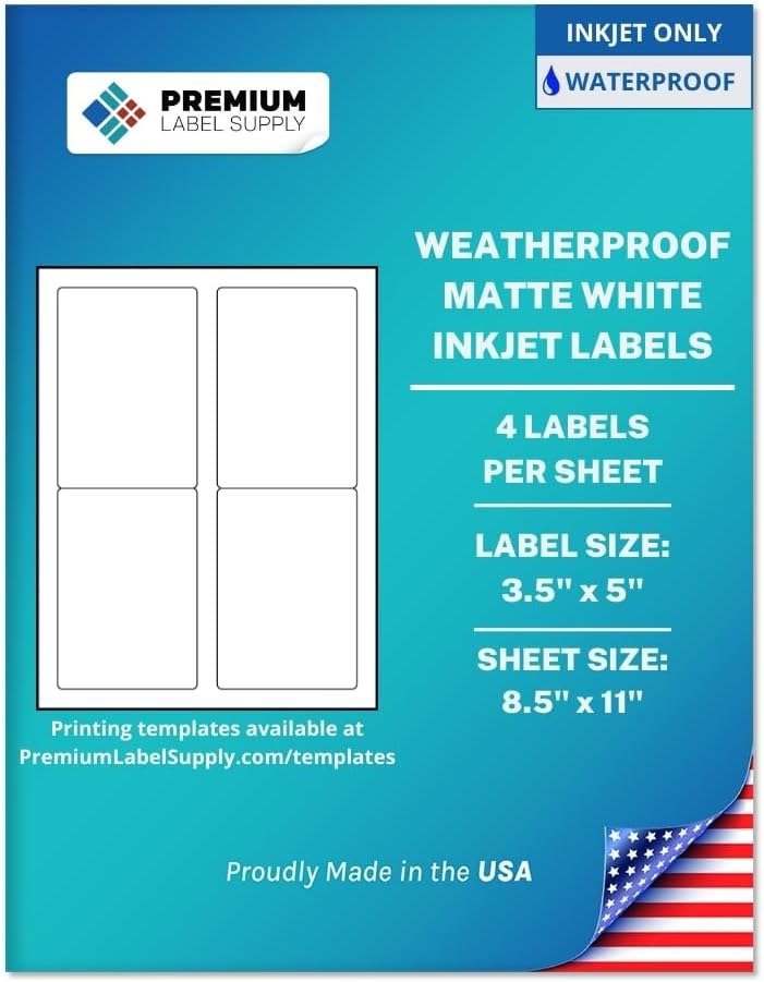 Premium Label Supply Waterproof Matte White Sticker Labels – 3.5" x 5" – Inkjet Printers Only – (4 per Sheet), 10 Sheets - 40 Total Adhesive Labels