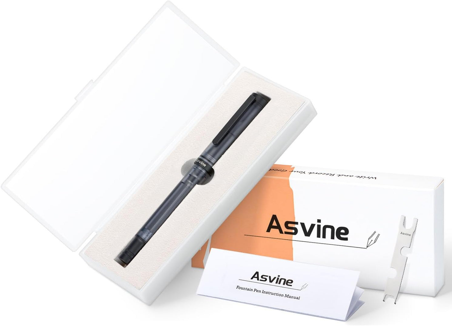 Asvine V200 Titanium Fountain Pen Vacuum Filling, Matte Black Bock Extra Fine Nib Clear Demonstrator Acrylic with Pen Case and Wrench