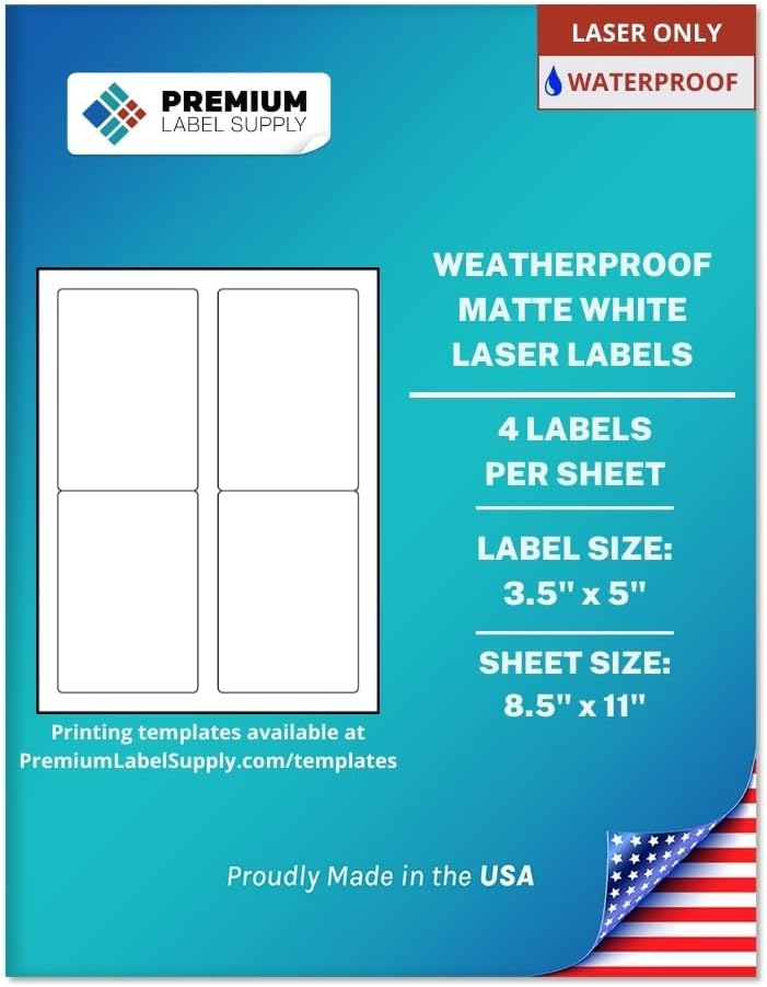 Premium Label Supply Waterproof Matte White Sticker Labels – 3.5" x 5" – Laser Printers Only – (4 per Sheet), 25 Sheets - 100 Total Adhesive Labels