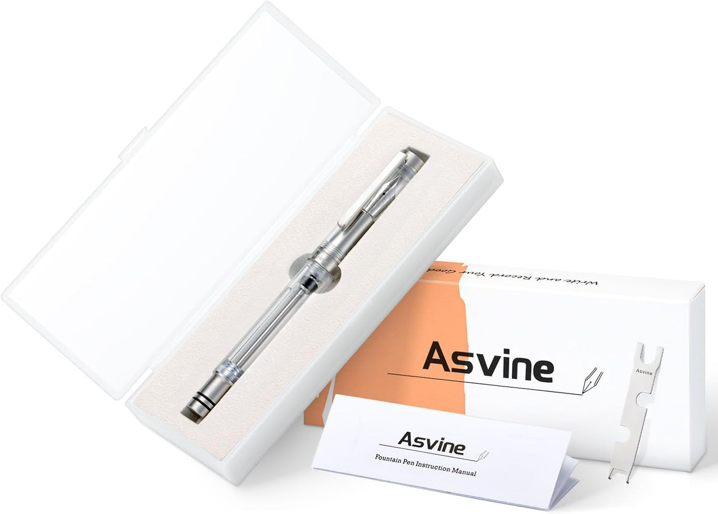 Asvine V200 Titanium Fountain Pen Vacuum Filling, Bock Broad Nib Clear Transparent Acrylic Smooth Writing Pen Case Set