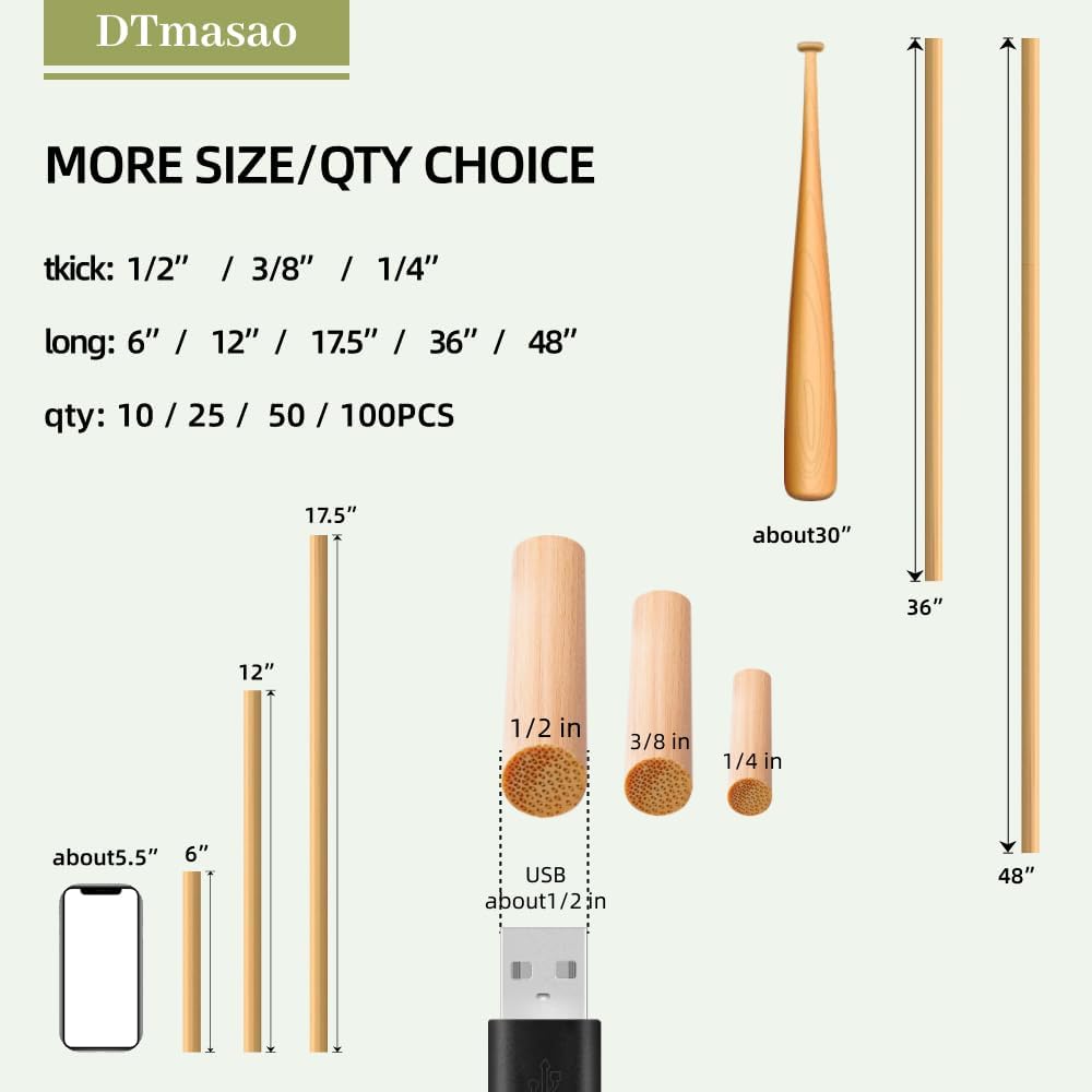1/2 x 36 Inch 25 PCS Dowel Rods Wood Sticks Wooden Dowel Rods - Unfinished Bamboo Sticks - for Crafts and DIYers