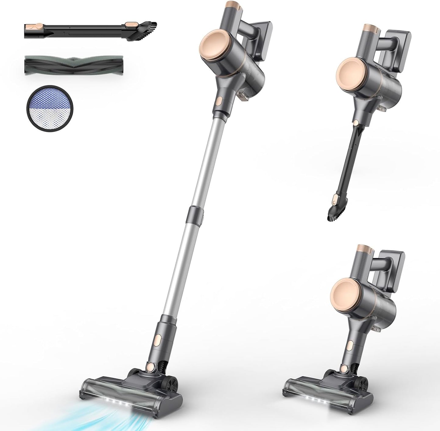 N8 Cordless Vacuum Cleaner,Lightweight Stick Vacuum with Powerful Suction,2200mAh Battery,40 Mins Runtime,Self-Standing,Rechargeable Vacuum Cleaners for Home Hardwood Floor Carpet Pet Hair (Gold)