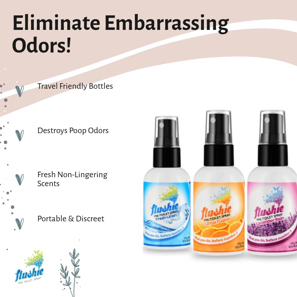 Flushie Pre-Toilet Spray for Poop Travel Size Toiletries Bathroom Spray for Poop Spray for Toilet Deodorizer Traveling Essentials Poop deodorizer Poop Odor eliminator 4oz (Linen, 1 Pack)