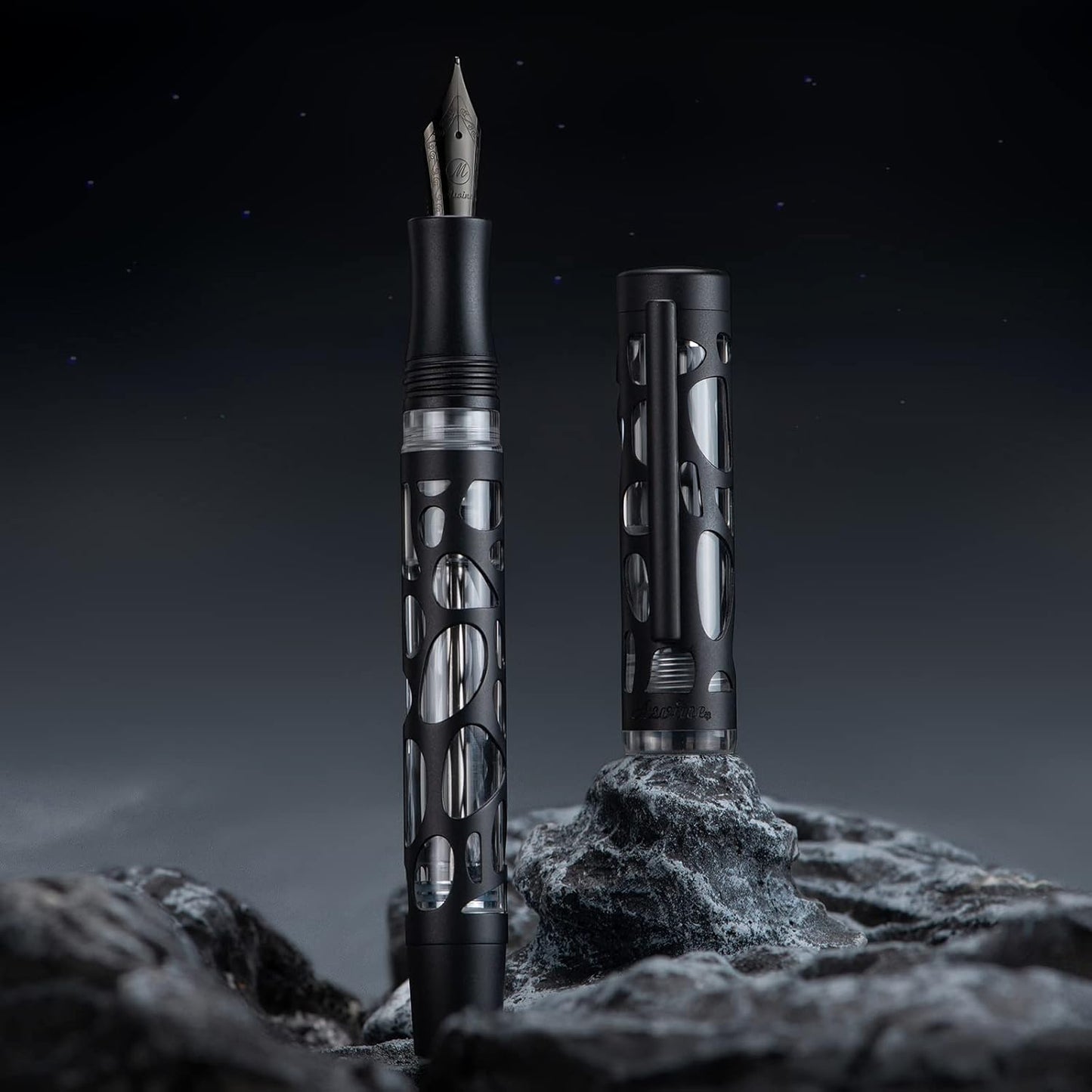 Asvine V169 Vacuum Filling Fountain Pen, Matte Black Water Drop Skeleton Transparent Acrylic Pen, Black Extra Fine Nib Office Pen with Case Set