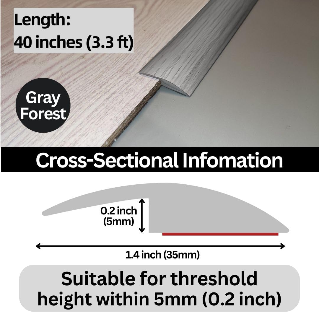 Floor Transition Strip Self Adhesive Carpet Wood Tile Vinyl Flooring Laminate Transition Cover Edge Trim Gap Doorway Threshold for Uneven Floors Heights Within 5 mm (40 inches, Gray Forest)