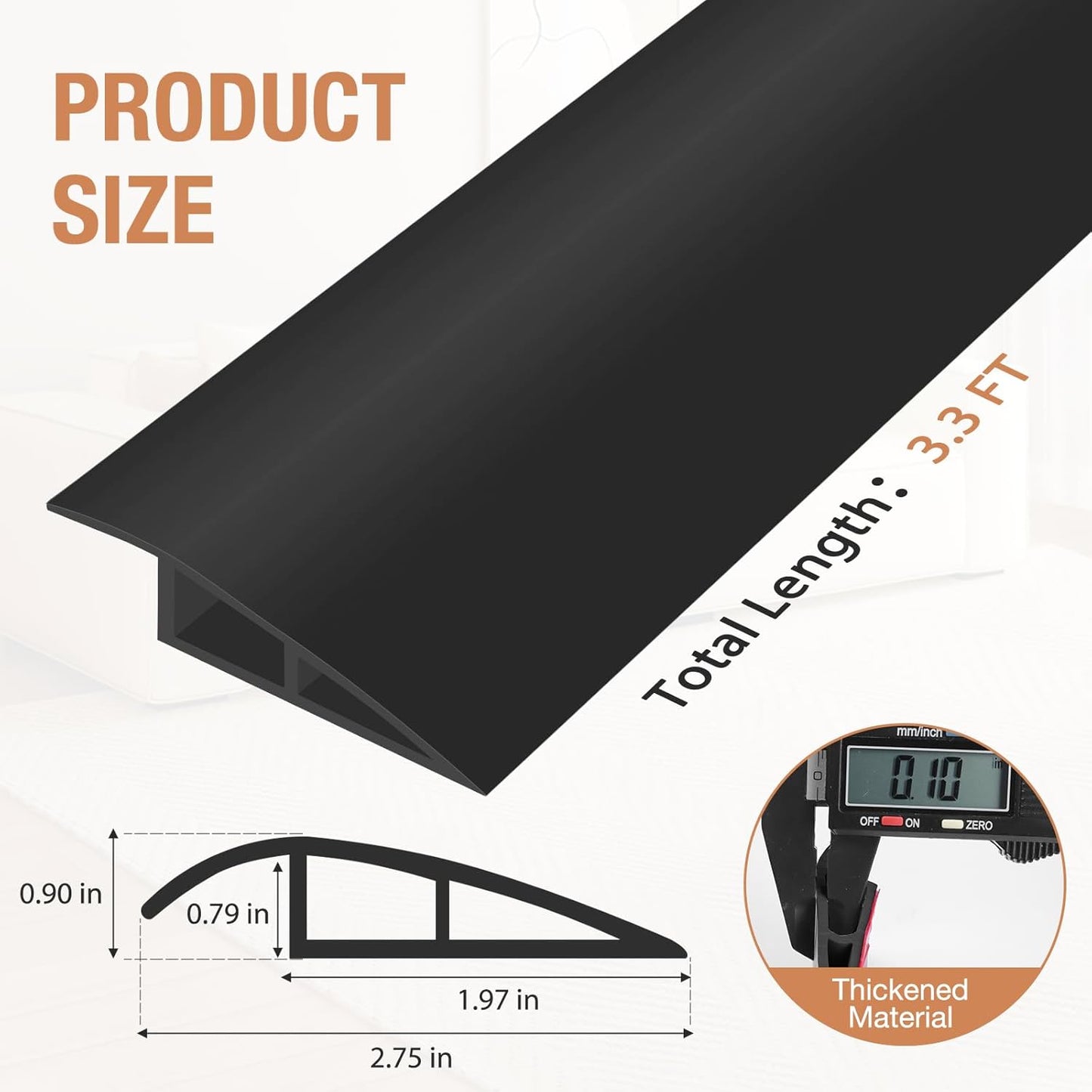 Floor Transition Strip Self Adhesive Vinyl Door Threshold for Doorways Carpet Edging Trim Overlap Edge Reducer for Laminate Floor, Carpet, Tile (Black, 3/5" to 4/5", 3.3Ft)