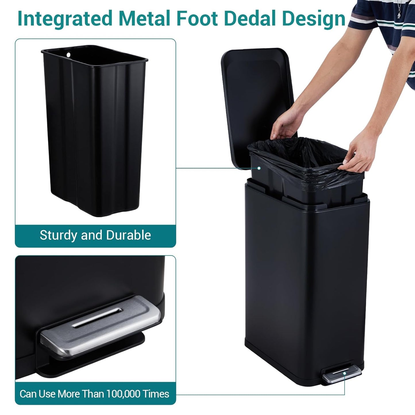 13.2 Gallon / 50L Kitchen Trash Can, Slim Stainless Steel Garbage Can with Removable Inner Bucket, Fingerprint-Proof Step Rubbish Bin with Soft-Close Lid for Narrow Space, Black
