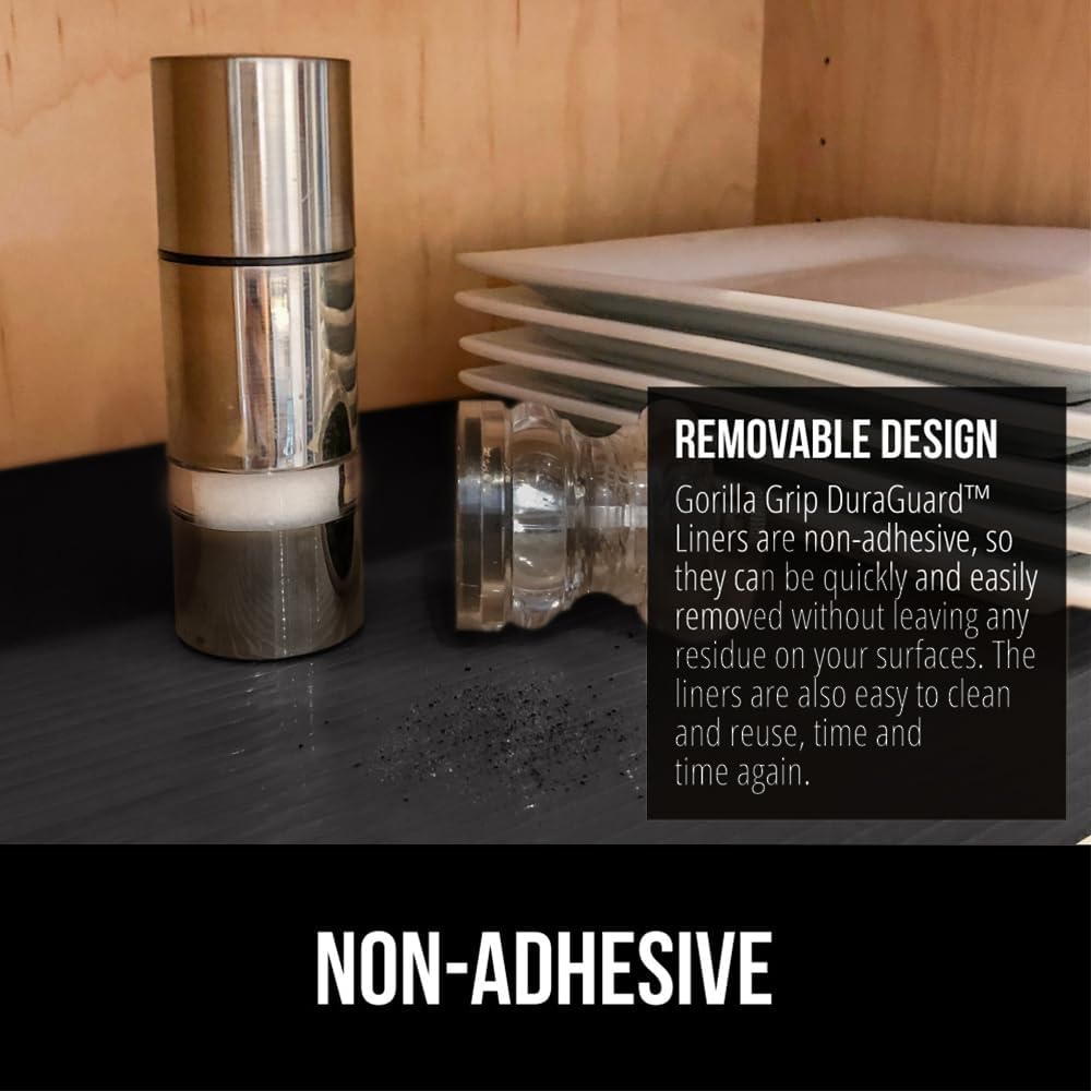 GORILLA GRIP DuraGuard Shelf Liner, Non-Adhesive Cabinet Liners for Kitchen Drawers, Shelves, Refrigerator, Pantry Storage, Bathroom Closet, Durable Waterproof BPA Free Ribbed Plastic, 12x20 Jet Black