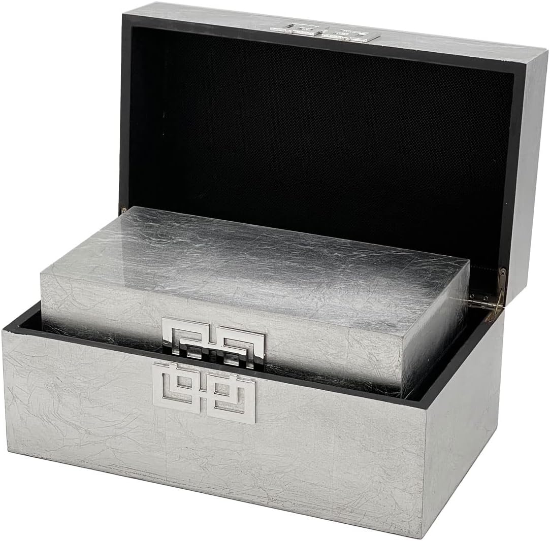 Galt International Storage Box Set Decorative Storage Box w/Hinged Lid Classic Design Wood Decor Boxes with Geometric Clasp Storage for Bedroom & Home - Set of 2 (Silver)