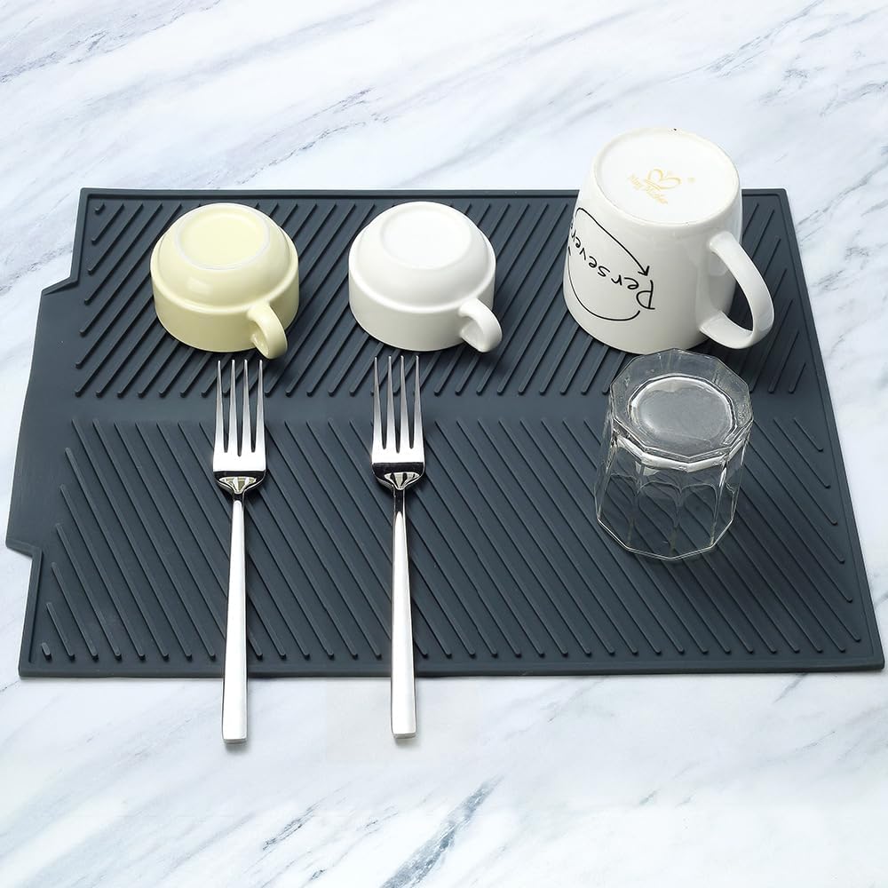 Silicone Dish Draining Mat, Eco Friendly Dish Drying Mat Kitchen Counter Anti-Skid and Heat Insulation Pad, Sink Drainer Mat with Dense Drainage Grooves (L (20"×16"))