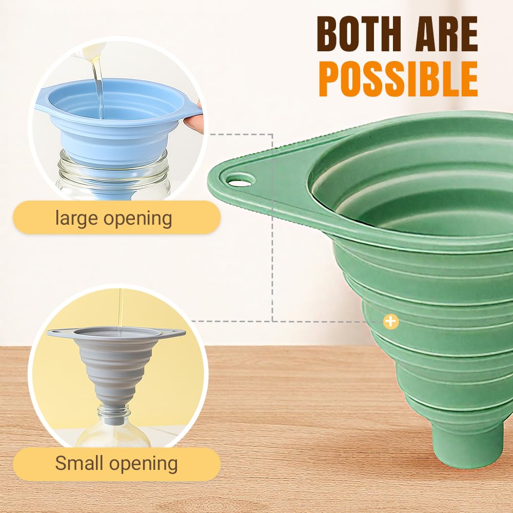 Kitchen Funnel Set, Wide-Mouth Foldable and Telescopic Design, Liquid Separation Funnel, Silicone (6 pcs)
