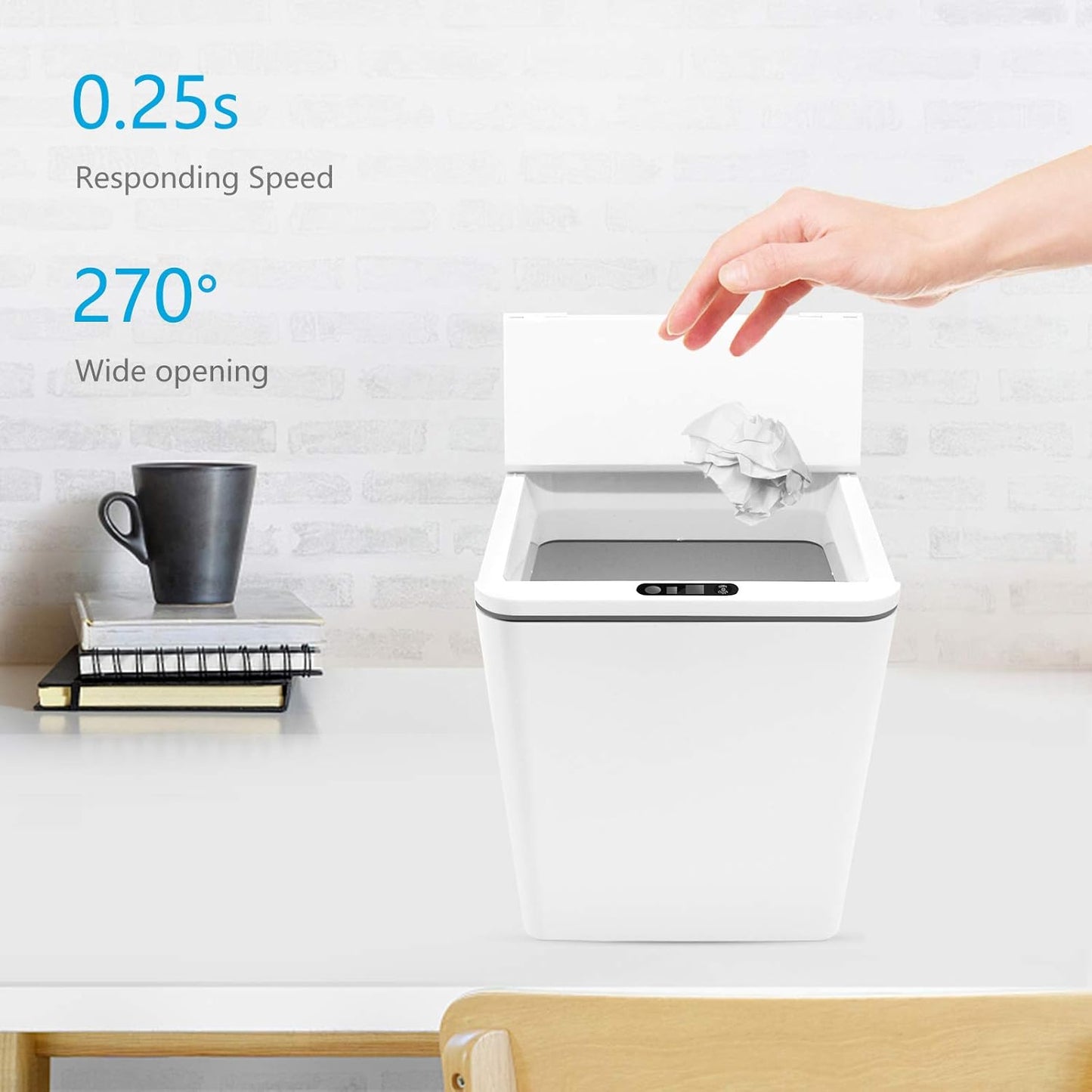 Automatic Small Countertop Trash Can with Lid, 1.5 Gal/6L Toucheless Mini Waste Bin for Office Desk/Bedside Table/Coffee Bar -Batteries, White