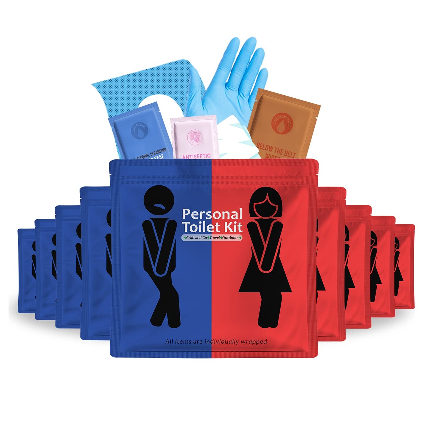 Personal Toilet Kit To Go – 10 Pack | Disposable Public Restroom Kit | Individually Wrapped for Toilet Protection Kit | Toilet Paper, Toilet Seat Cover, Butt Wipes, Cleansing Wipes (Red and Blue)