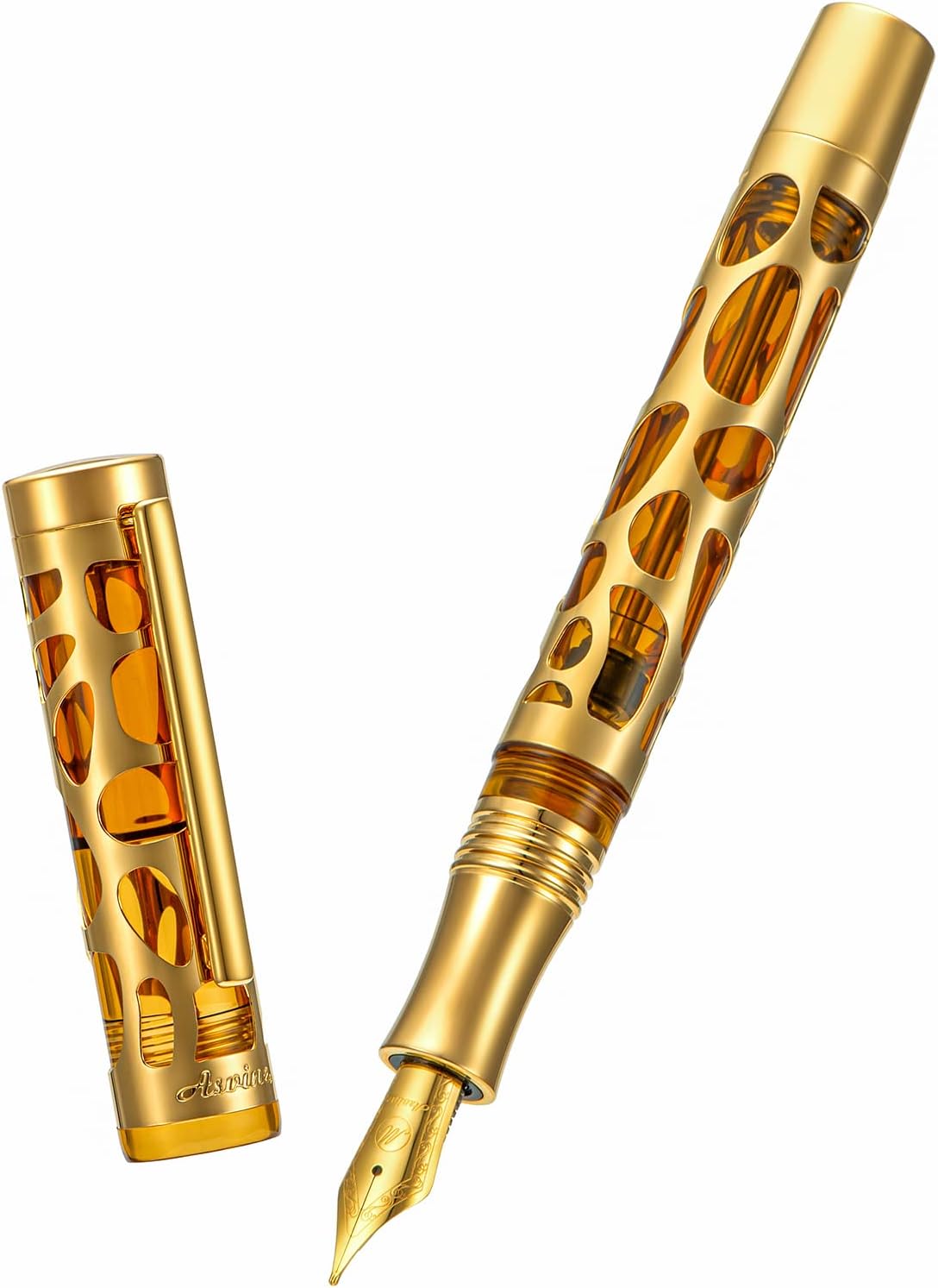 Asvine V169 Vacuum Filling Fountain Pen Extra Fine Nib, Water Drop Skeleton Gold Trim Transparent Coffee Acrylic Pen Case Set