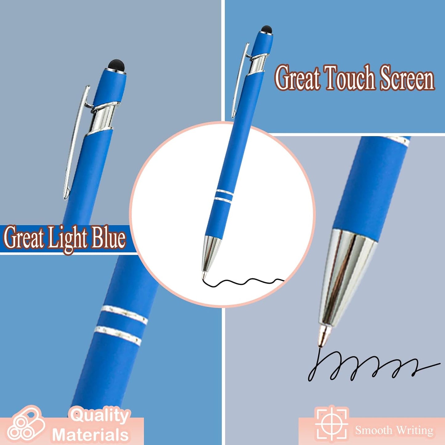 PASISIBICK 12 Pieces Blue Ballpoint Pen with Stylus Tip, 2 in 1 Stylus Stylish Pen, Blue Metal Stylus Pen for Touch Screens, Black Ink, 1.0 mm Medium Point(12 PCS Light Blue)