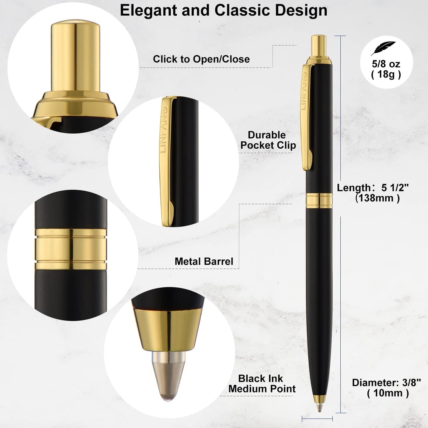 LINFANC 8 Pack Ballpoint Pens, Premium Retractable Metal Ballpoint Pen, Medium Point 1.0mm Black Ink Pen for Home School Work Office Supplies, Matte Black with Gold Trim, Extra 8 Refills