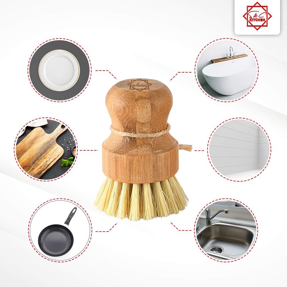 Bamboo Scrub Brush - S&C Kitchen, Cleans Pan/Vegetable/Dishes/Wok, Scrub Brush Dishes for Kitchen/Bathroom, Made Out of Palm & Sisal Bristles with a Handle, Vegetable Brush for Cleaning, Set of 3