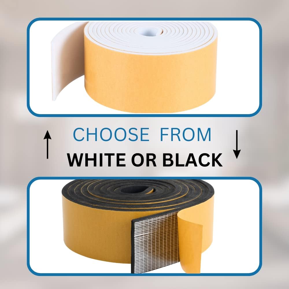 High Density Foam Weather Stripping Door Seal Strip Insulation Tape Roll for Insulating Door Frame, Window, Air Conditioner | Self Adhesive Sealing Weatherstrip (3 in x 1/16 in x 10 Ft, Black)