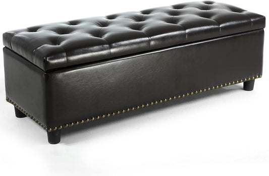BELLEZE 47" Storage Ottoman, Storage Bench with Safety Close Hinge, Faux Leather Button-Tufted Ottoman for Living Room, Entryway, Hallway, Foot Rest, Support 300lbs - Dark Brown