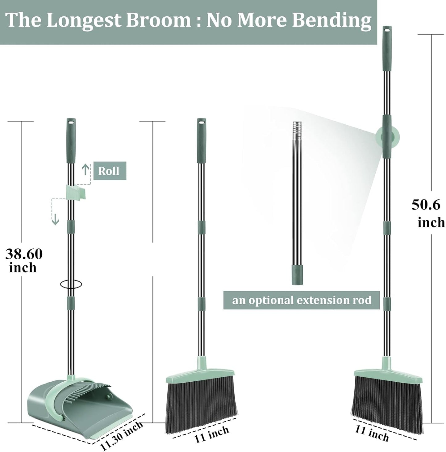 Broom and Dustpan Set for Home, Dust pan with Long Handle, Broom with Dustpan Combo Set, for Home Kitchen Room Office Lobby Floor Use Upright Stand Up Sweeping (Gray&Green)