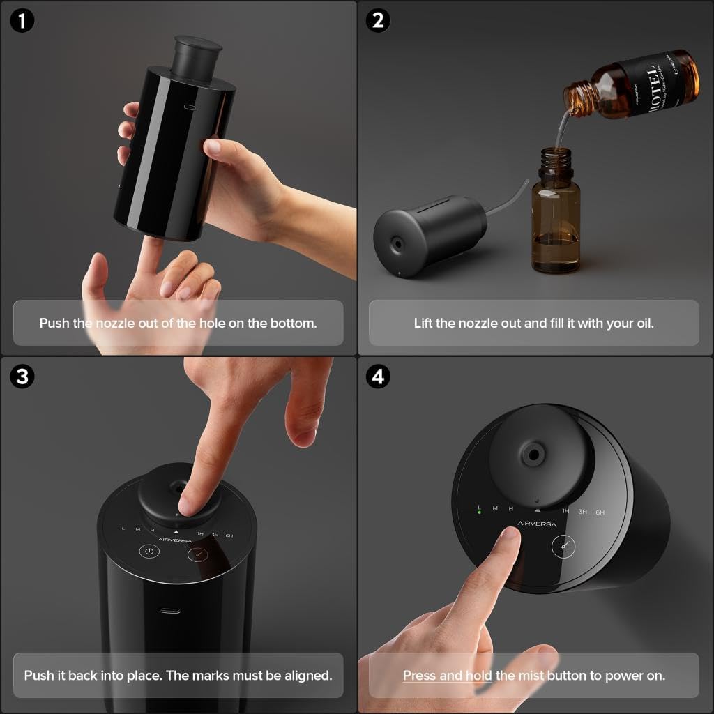 Waterless Diffuser for Essential Oil, Battery Operated Nebulizer, 0.7 Fl.Oz./ 20mL Capacity, Mini Scent Air Machine, 3 Countdown Timers & 3 Mist Levels for Home, Room, Car, Office, AN6 + Extra Nozzle