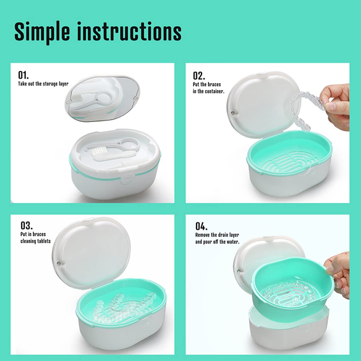 MURRI&MURRDI Retainer Case, Denture Bath Box with Strainer Basket, Mouth Guard Case, Braces Cleaner Cup, Cute Retainer Holder Denture Storage Soak Container for Travel Cleaning (D White)